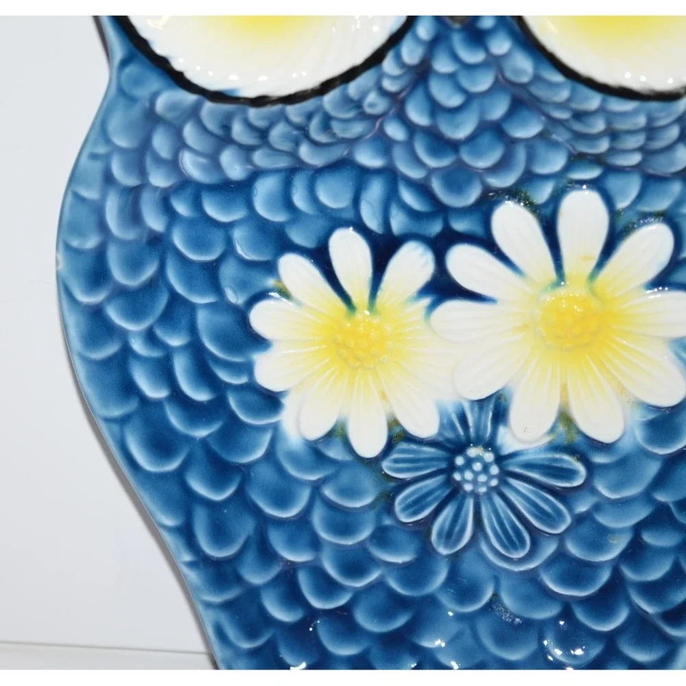 Vtg MCM Ceramic Owl with Retro Flower Spoon Rest Wall Hanging Blue yellow